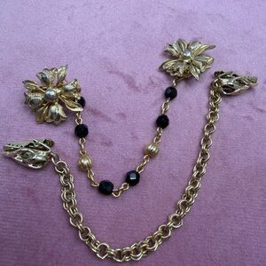 Two Vintage Gold and Black Floral Chain Sweater Guards